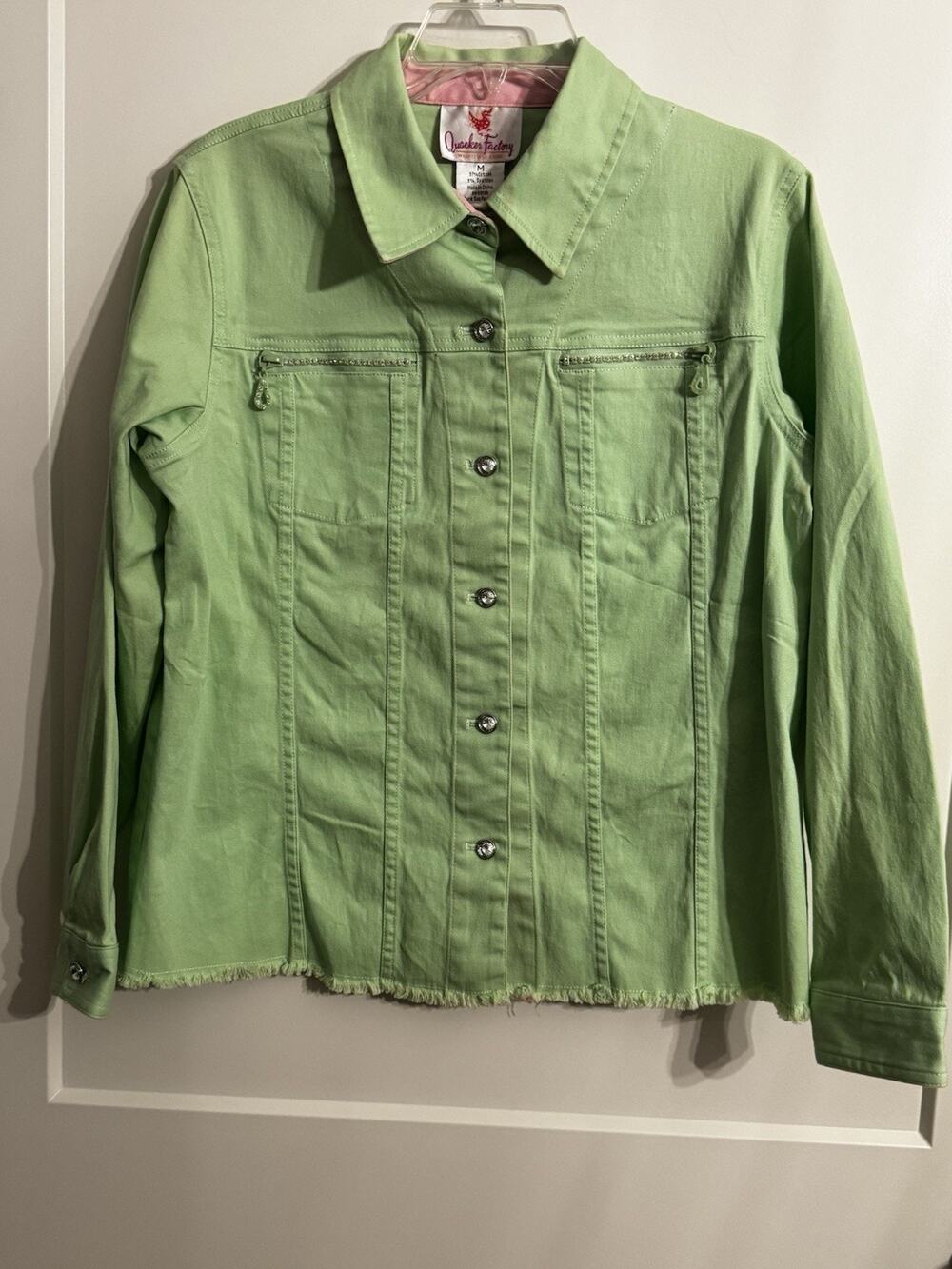 Quacker Factory Denim Jacket Mint Green Rhinestones Sz M Bling Pink Accents